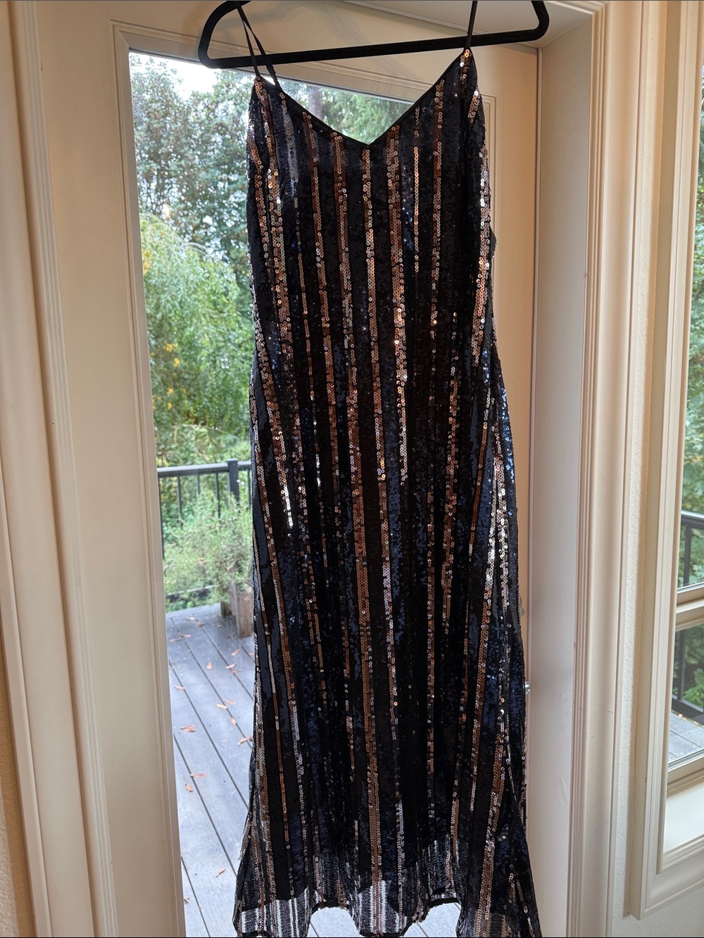 Maeve Black and Rose Gold Sequin Stripe Maxi Dress